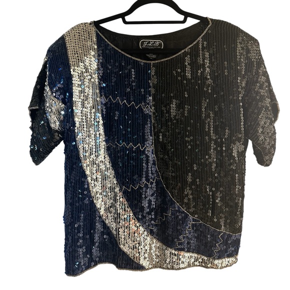 J.L.B Tops - Silk Sequin Black and Blue Women's Top- Medium